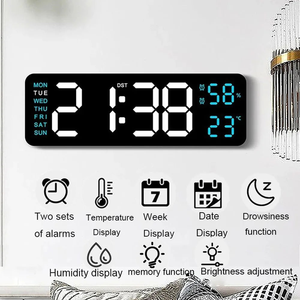 Large LED Digital Wall Clock – With Temperature, Humidity & Week Display